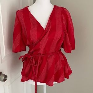 LOFT cotton red striped wrap top